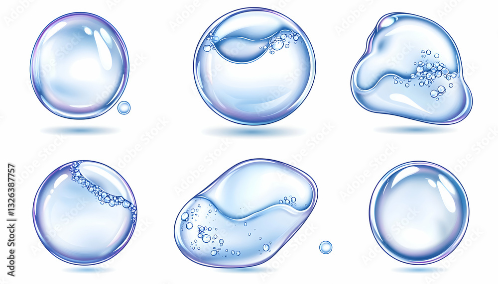 Collection of various water bubbles, diverse shapes and textures Collection of various water bubbles, diverse shapes and textures