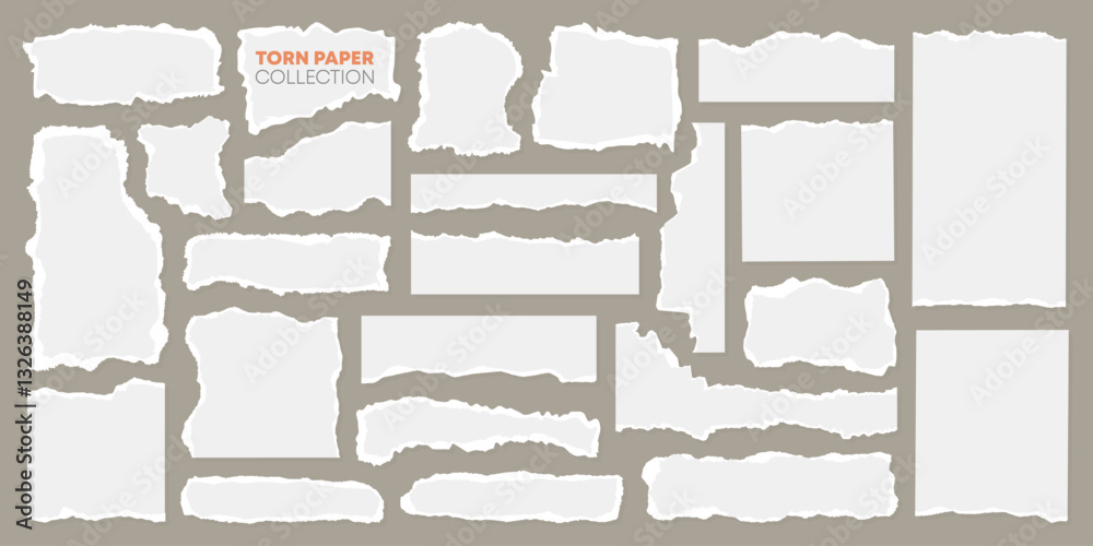 Set of torn newspaper strip with grunge texture, ripped plastic paper label, realistic sticky note or adhesive sticker, damaged page cutout background and business banner ornament for social media.