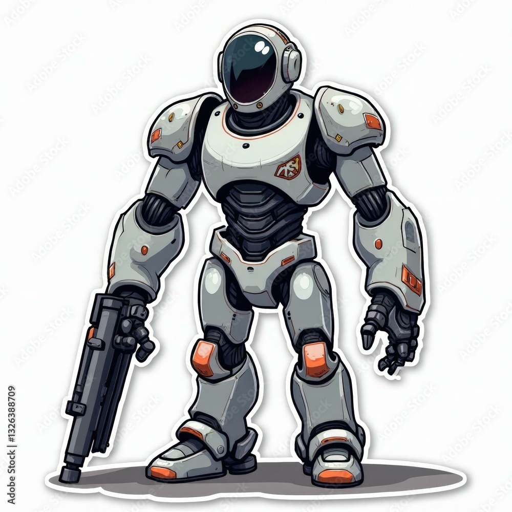 Naklejka premium Futuristic Robot Character Illustration with a Stylized Design, Featuring Orange Accents and a Gun, Set against a Gray Background