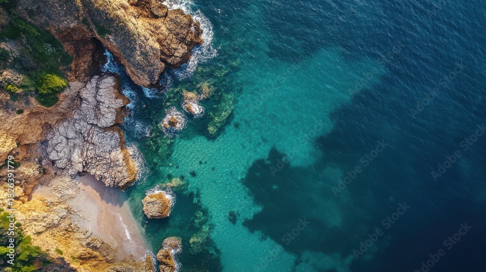 Fototapeta premium Aerial View of a Rocky Coastline with Turquoise Waters