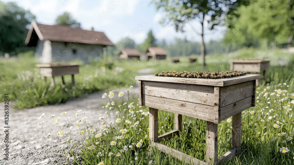 Rustic beehives in a sunny meadow with daisies and quaint cottages; peaceful rural scene. Rustic beehives in a sunny meadow with daisies and quaint cottages; peaceful rural scene.