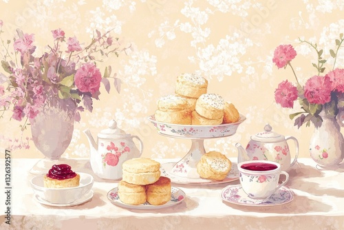Classic Afternoon Tea with Scones, Jam, and Floral Decor Elements