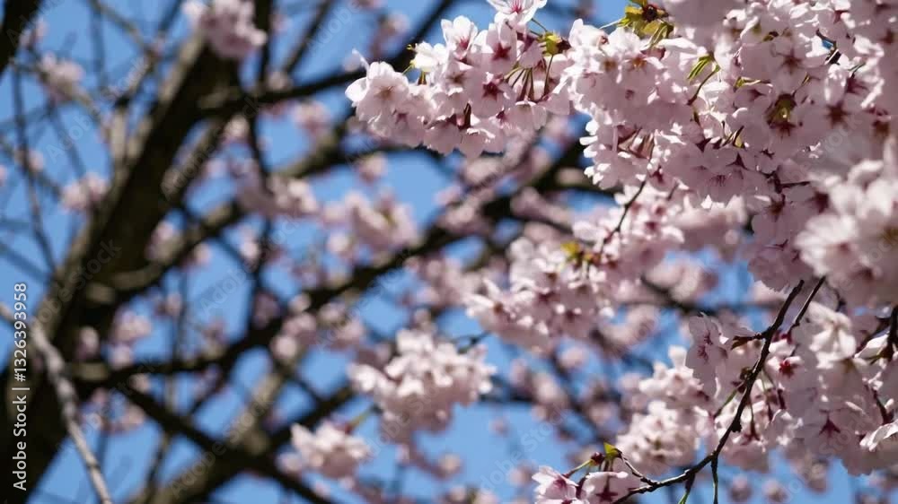 Serene Scene of Pink Cherry Blossoms Floating Against a Clear Blue Sky Serene Scene of Pink Cherry Blossoms Floating Against a Clear Blue Sky