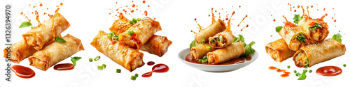 Spring rolls splashing, tomato ketchup, isolate on white background. set cutout png.