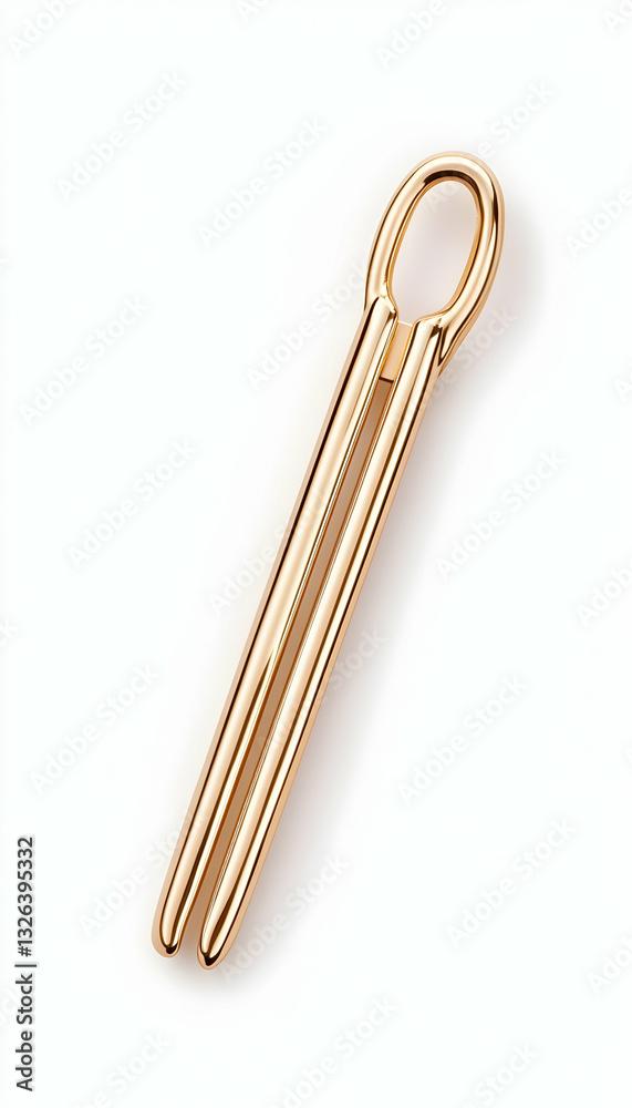 Delicate gold pendant with a minimalist design. Two parallel lines form a slender, elongated shape, suspended from a small oval loop Delicate gold pendant with a minimalist design. Two parallel lines form a slender, elongated shape, suspended from a small oval loop