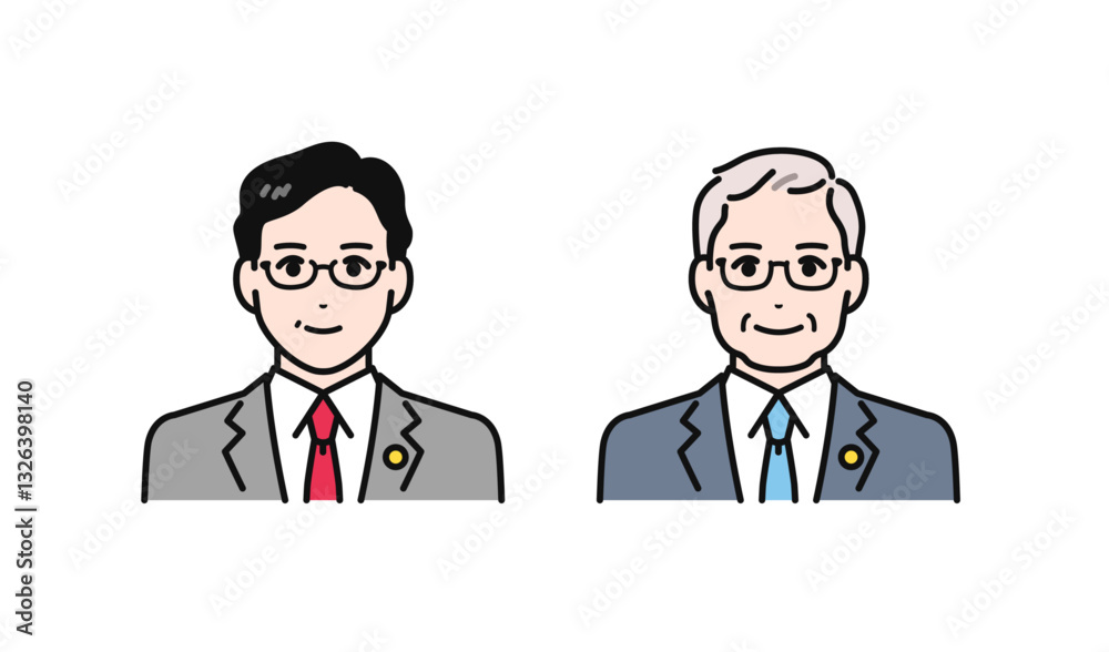 バッジをつけたスーツのミドル・シニア男性のシンプルなベクターイラストセット バッジをつけたスーツのミドル・シニア男性のシンプルなベクターイラストセット