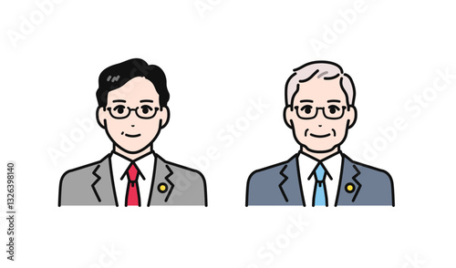 バッジをつけたスーツのミドル・シニア男性のシンプルなベクターイラストセット