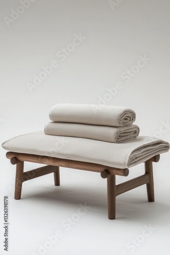 Japandi bench with soft cushions and a folded blanket.