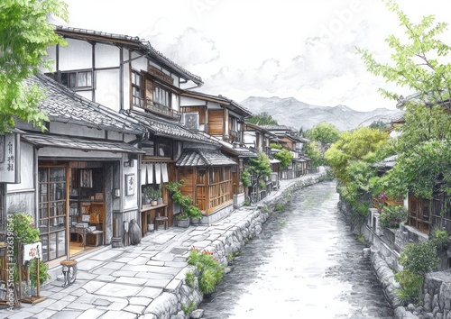 Tranquil Japanese Countryside Village with Stream and Traditional Houses photo
