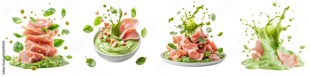Ham splashing, green chutney sauce, isolate on white background. set cutout png. Ham splashing, green chutney sauce, isolate on white background. set cutout png.