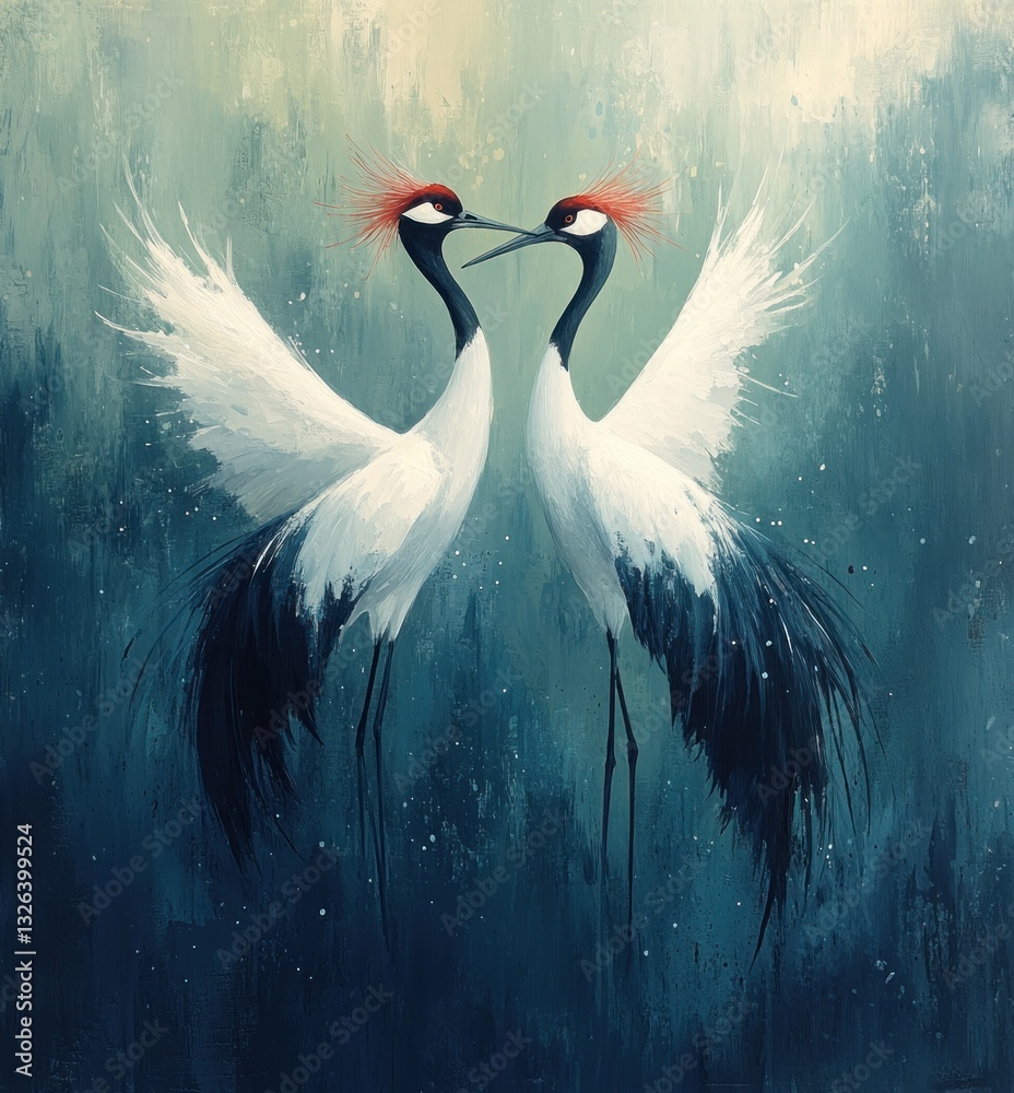 Fototapeta premium Watercolor Art of Two Red-Crowned Cranes Dancing Gracefully Under a Vibrant Blue Sky