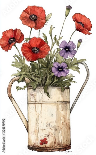 Poppies and bindweed are depicted in a watering can through a watercolor drawing