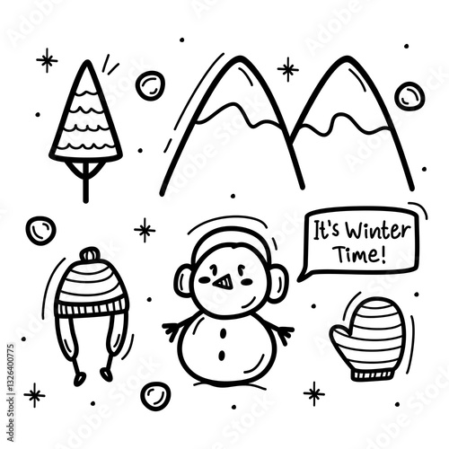 Cute set of hand drawn back and white winter attribute collections