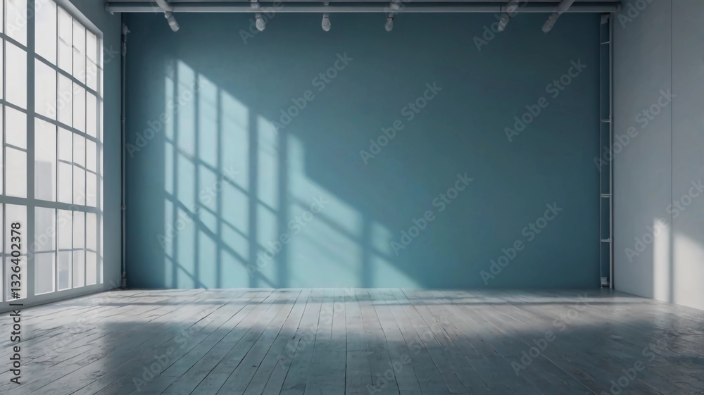 Fototapeta premium Light blue minimalistic background for product presentation with beautiful light and shadow on the wall and floor.