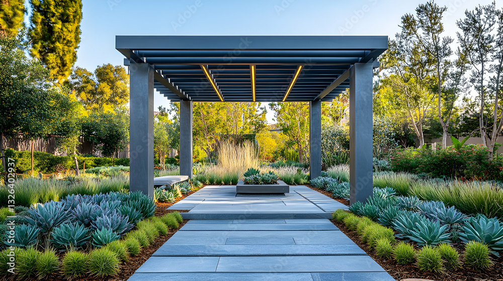 Obraz premium Modern outdoor pergola with landscaped patio. Spacious, contemporary, and tranquil retreat area, featuring a covered patio with a dark gray pergola, low-maintenance drought-top