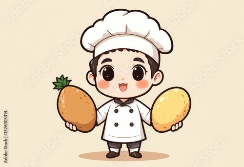 Cartoon Chef Holding Pineapple and Potato Ready for Cooking