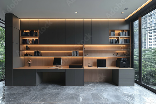 Modern, sophisticated home office with built-in shelving and desk