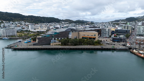 Aerial view of te papa museum and vibrant cityscape along the waterfront, Wellington, New Zealand.