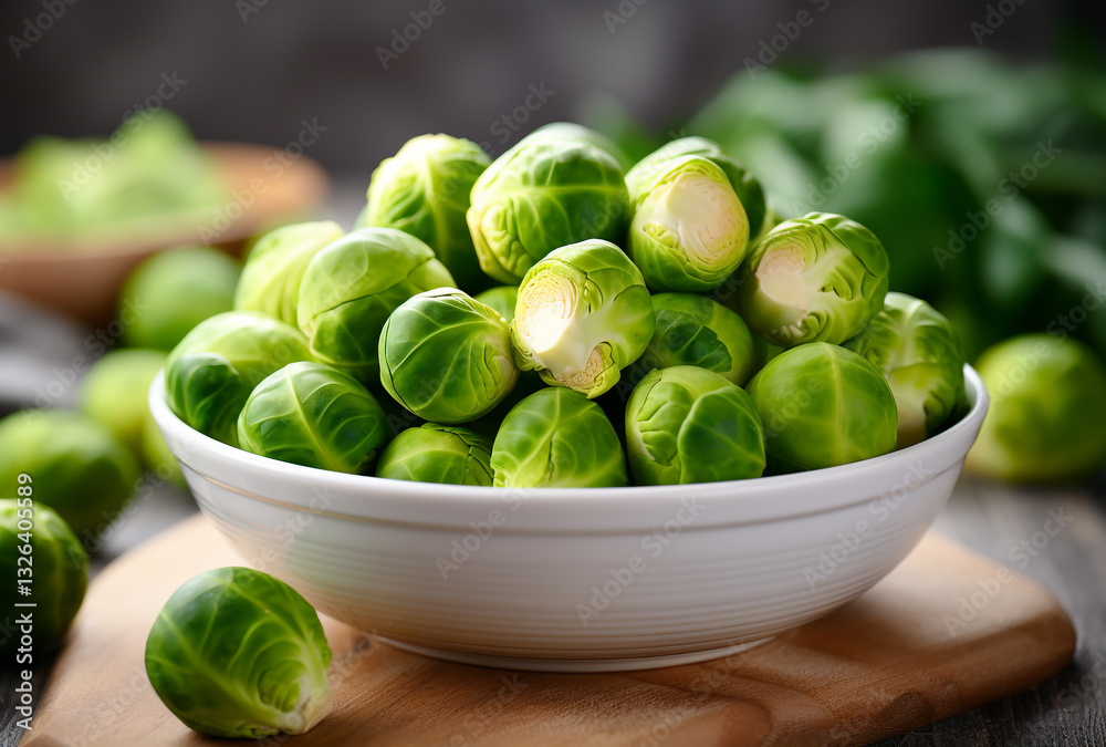 Fresh Brussels Sprouts in a White Bowl on a Rustic Table Fresh Brussels Sprouts in a White Bowl on a Rustic Table