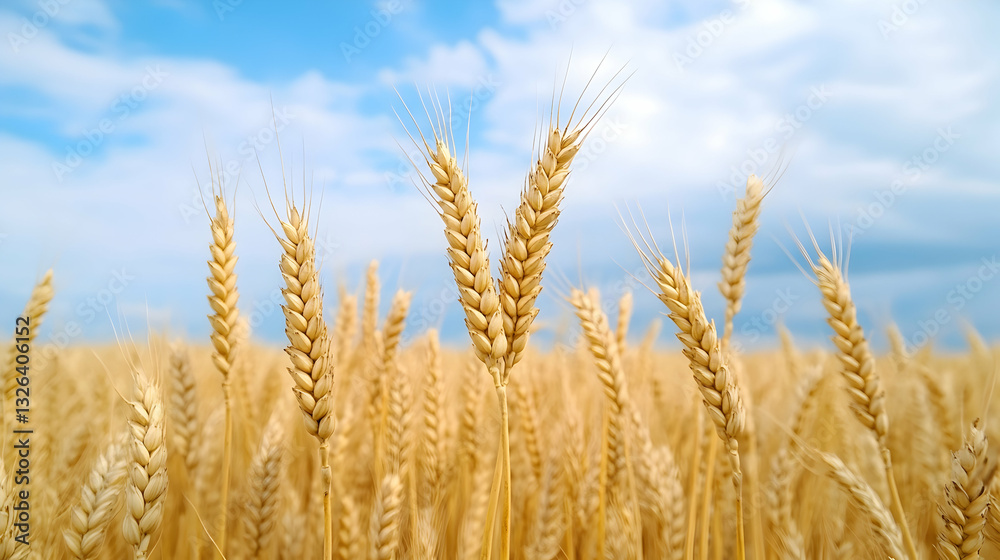 Fototapeta premium Golden wheat field under a partly cloudy sky