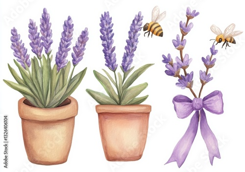 Isolated on a white background is a watercolor hand drawn vertical illustration of the Provence Lavender summer set