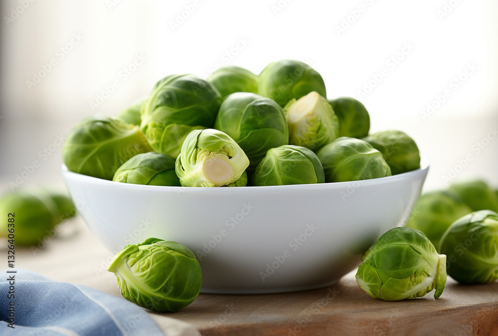 A Fresh Bowl of Brussels Sprouts Resting on a Kitchen Table A Fresh Bowl of Brussels Sprouts Resting on a Kitchen Table