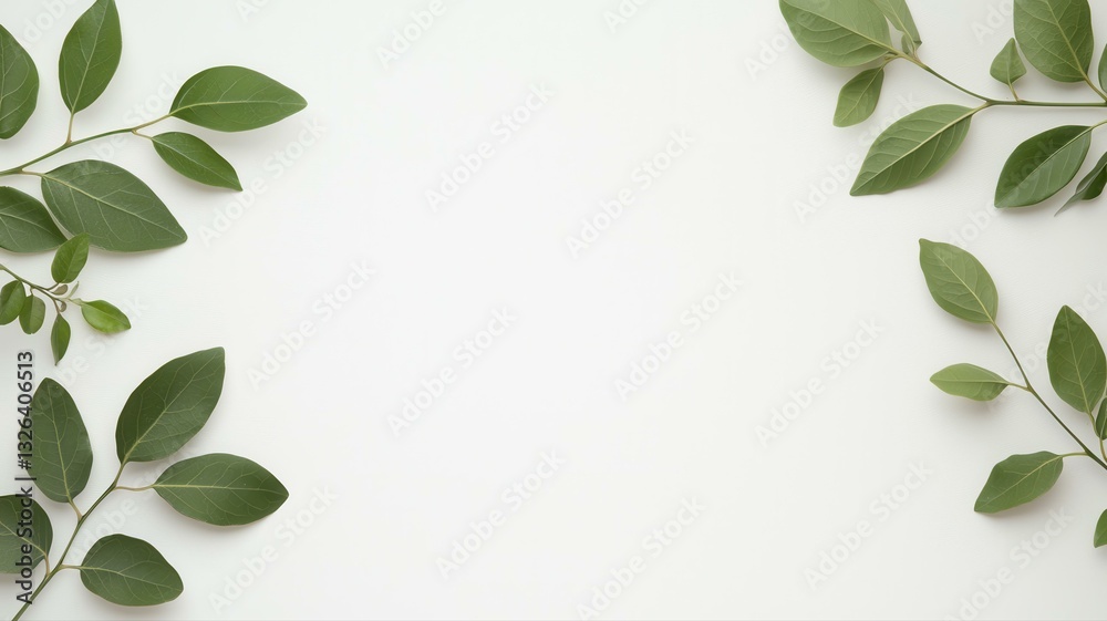 Fototapeta premium Minimalistic flat lay with fresh green leaves on a plain white background, perfect for nature-themed projects.