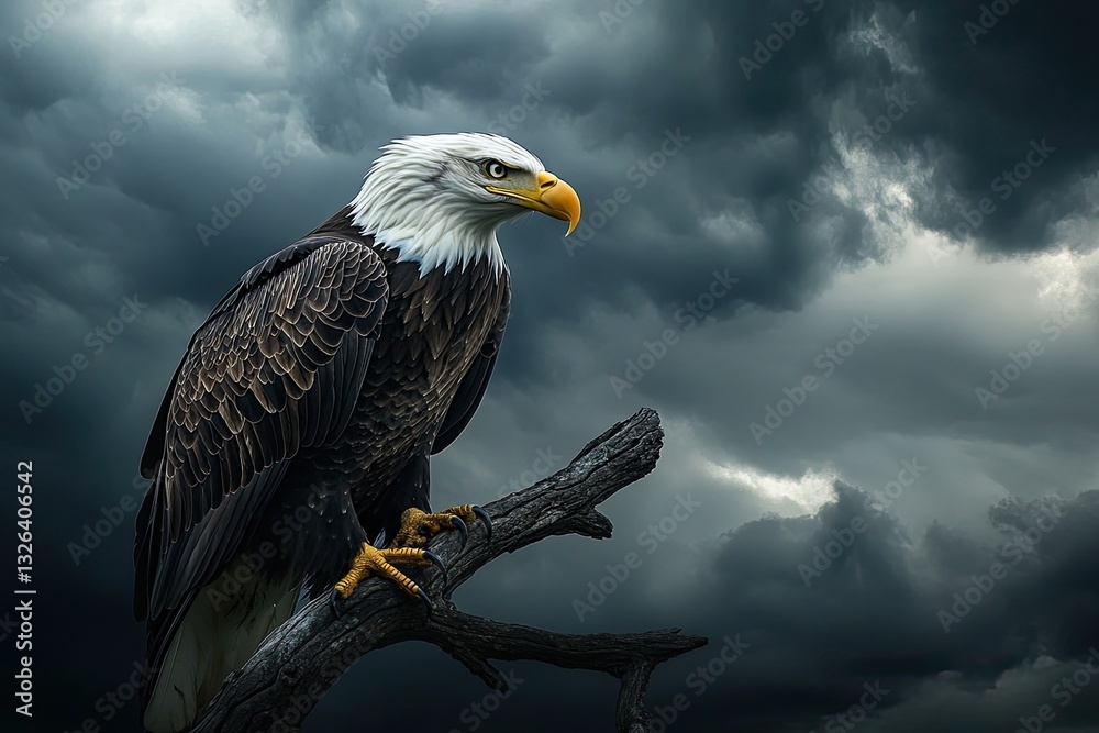 Naklejka premium A bald eagle gripping a branch while a storm brews in the background