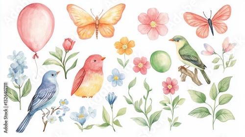 Spring set, hand drawn elements- flowers, birds, rainbow, green ballon,buterfly,and other. Perfect for scrapbooking, greeting card, party invitation, poster,  sticker