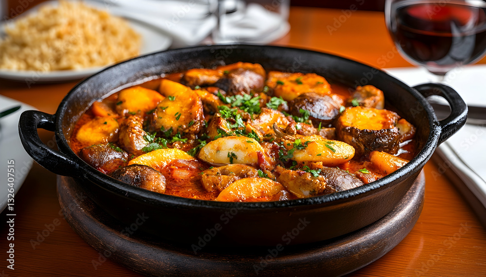 Hearty, flavorful stew in a cast iron skillet Hearty, flavorful stew in a cast iron skillet