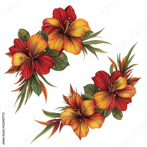Watercolor floral arrangements set, comprising flowers and leaves in a natural hand drawn design