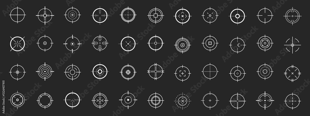 Weapon sight, sniper rifle optical scope. Hunting gun viewfinder with crosshair. Crosshair gun sight icons set. Bullseye, target or aim symbol. Shooting mark. Military target sign. Game UI. Weapon sight, sniper rifle optical scope. Hunting gun viewfinder with crosshair. Crosshair gun sight icons set. Bullseye, target or aim symbol. Shooting mark. Military target sign. Game UI.