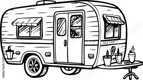 Vintage camper illustration classic travel trailer with exterior details