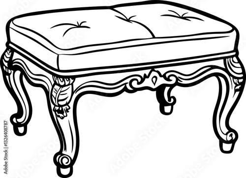 Ornate vintage ottoman outline sketch classic upholstered footstool design with decorative legs
