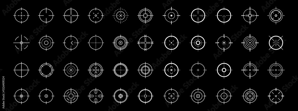 Weapon sight, sniper rifle optical scope. Hunting gun viewfinder with crosshair. Crosshair gun sight icons set. Bullseye, target or aim symbol. Shooting mark. Military target sign. Game UI. Weapon sight, sniper rifle optical scope. Hunting gun viewfinder with crosshair. Crosshair gun sight icons set. Bullseye, target or aim symbol. Shooting mark. Military target sign. Game UI.