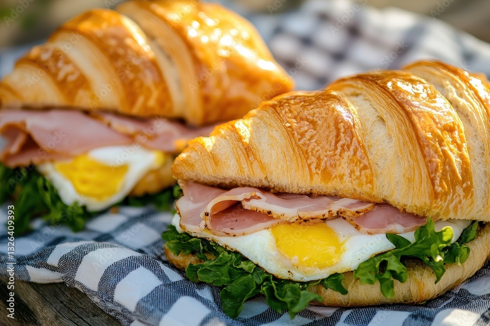 Delicious Croissant Sandwich with Ham, Egg and Fresh Greens Delicious Croissant Sandwich with Ham, Egg and Fresh Greens