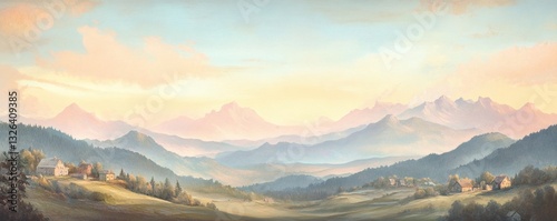 A scenic painting depicts a serene mountainous landscape with villages