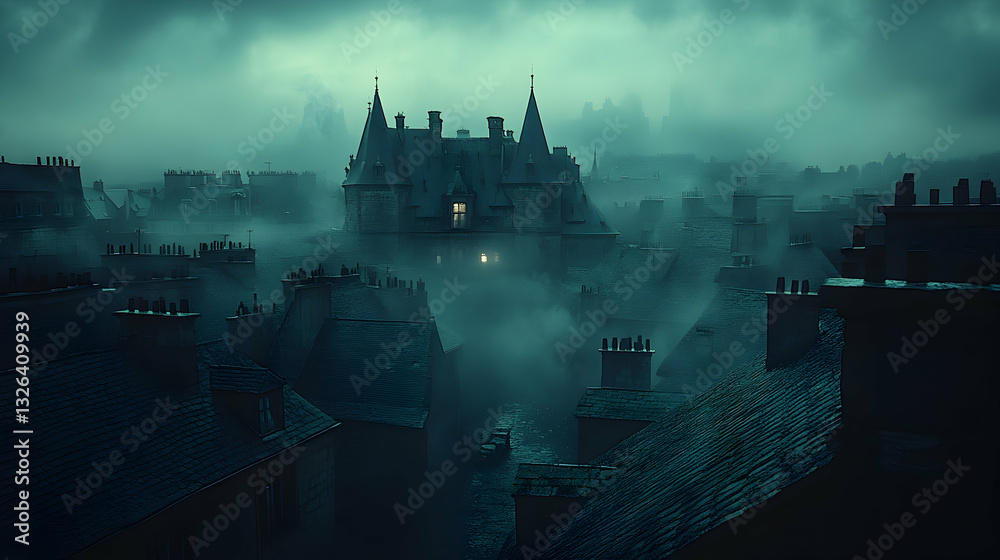 Naklejka premium Foggy, gothic cityscape at night