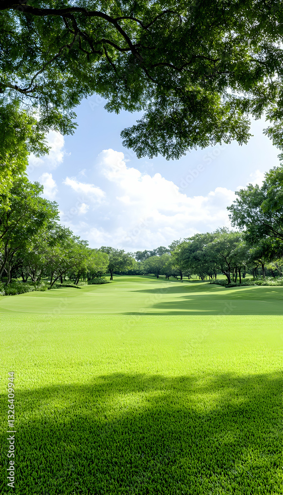 Lush green lawn under a canopy of trees on a sunny day Lush green lawn under a canopy of trees on a sunny day