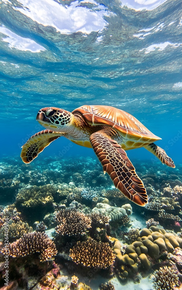 Fototapeta premium A vibrant coral reef teeming with marine life, sea turtles swimming through crystal-clear water
