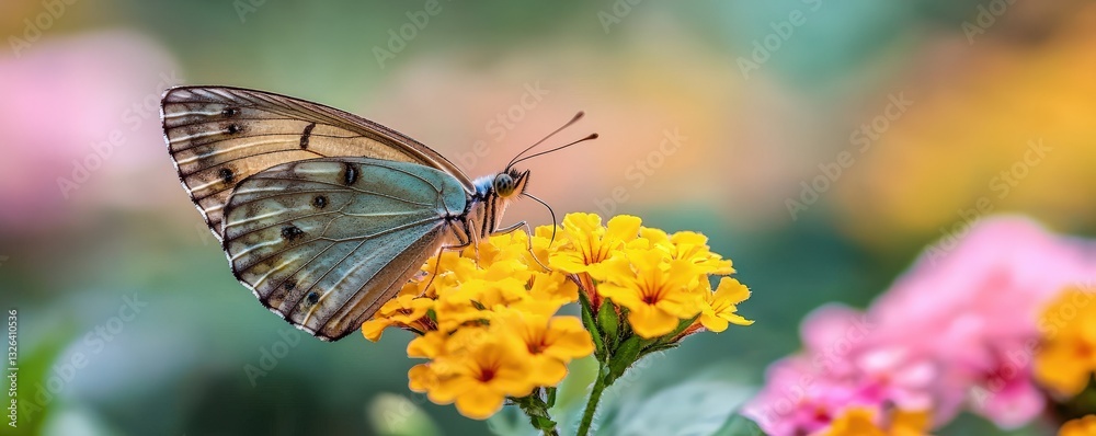 Obraz premium Ecological impact wildlife protection concept. Butterfly resting on vibrant flowers in a colorful garden.