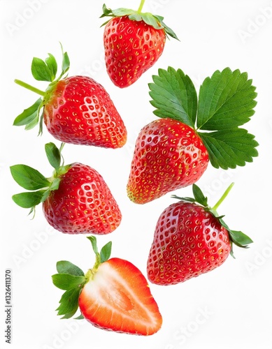 Dynamic Set of Flying Strawberries with Leaves, Some Cut, Isolated on a White Background