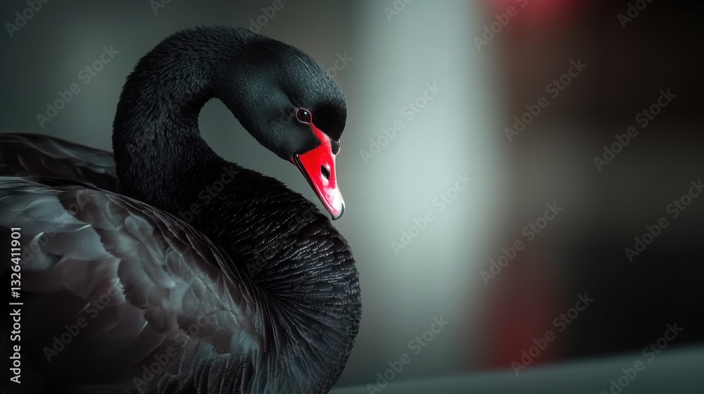 Fototapeta premium Elegant black swan with red beak gracefully curving its neck