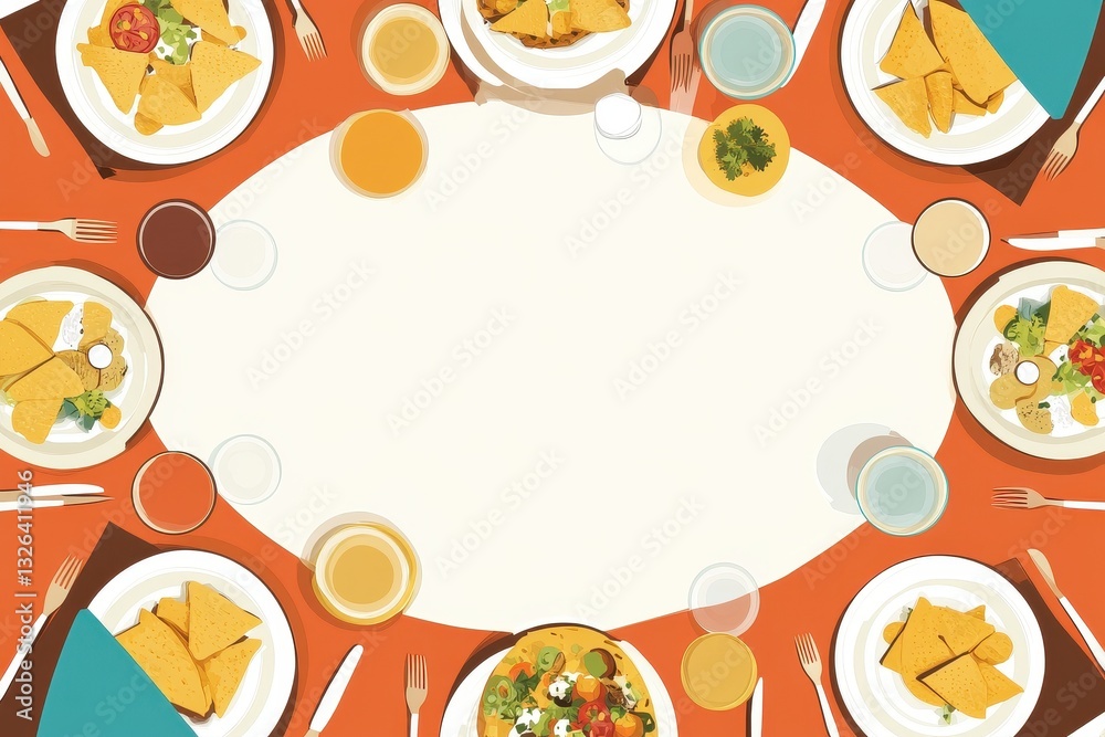 Festive Dining Table Arrangement with Colorful Plates and Drinks Festive Dining Table Arrangement with Colorful Plates and Drinks