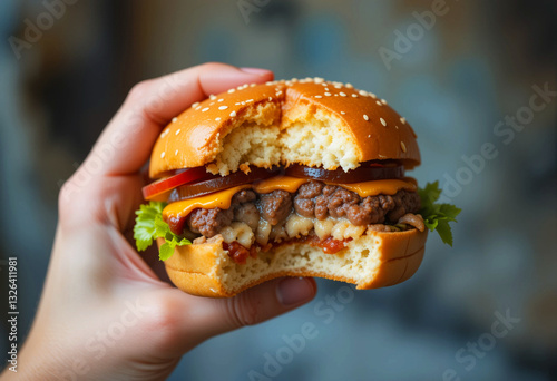 Burger with cheese and lettuce leaves bitten in hand. Close-up.