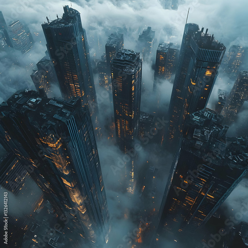 Futuristic city shrouded in mist. Tall buildings