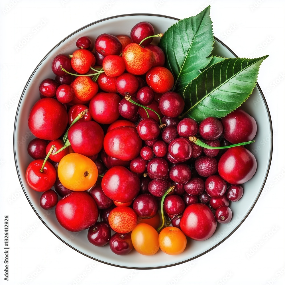 Vibrant Berry Medley: A Fresh Display of Red Cherries, Yellow Oranges, and Purple Plums in a White Bowl with a Green Leaf Accent Vibrant Berry Medley: A Fresh Display of Red Cherries, Yellow Oranges, and Purple Plums in a White Bowl with a Green Leaf Accent