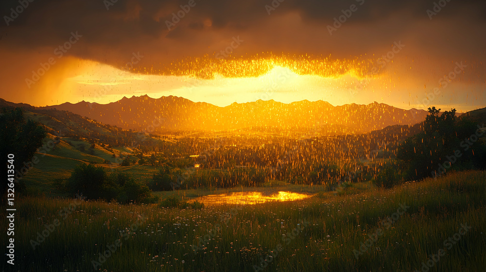 Fototapeta premium Golden Sunset Over Mountain Meadow