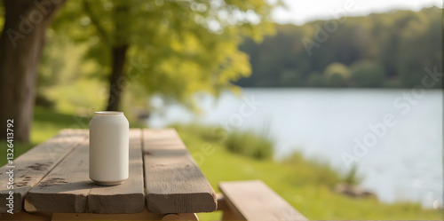White Can on Picnic Table by Lake