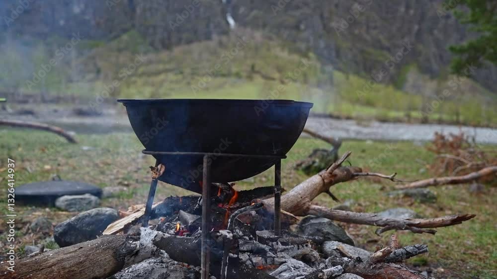 Engaging in Outdoor Cooking by Skillfully Using a Large Pot Over an Open Fire in Nature